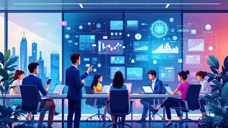 Modern office singapore diverse professionals ai collaboration digital data interfaces