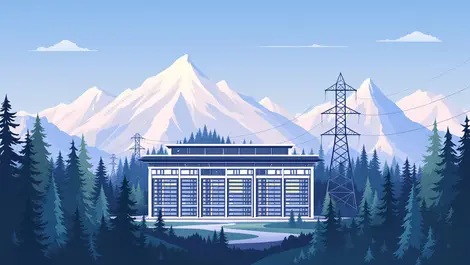 Modern data centre building evergreen forests mountains clean hydroelectricity