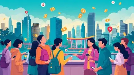 Busy singapore cityscape asian people exchanging money digital transactions vibrant colors financial activity cross border remittance
