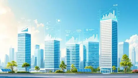 Modern australian skyline corporate buildings overlapping transparent charts emissions climate transparency greenery solar panels
