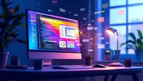 Story image (Computer screen vibrant ui design code snippets flowing ai transformation.webp)