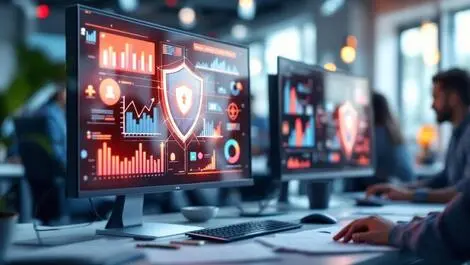 Story image (Modern office workspace computer screens graphs shield icons digital security collaboration)