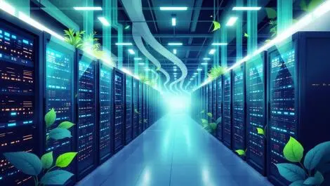 Modern data centre server racks cooling units green sustainability theme