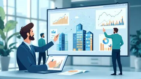 Business professionals analyzing charts graphs growth technology proposal management