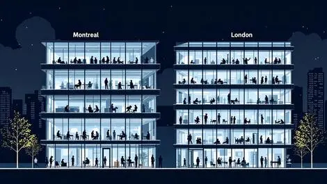 Modern office building glass windows montreal london collaborative workspace