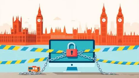 Locked computer with chains uk government buildings police tape protection