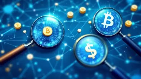 Three interconnected magnifying glasses analyzing stablecoin transactions blockchain risk management aml