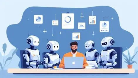 Four friendly robot helpers automating financial tasks for small business owner