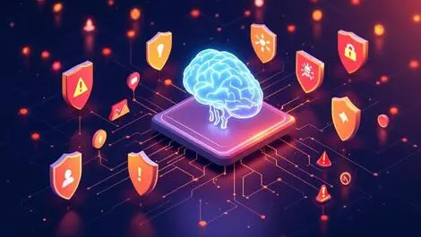 Computer network shield icons alert symbols ai brain cybersecurity monitoring