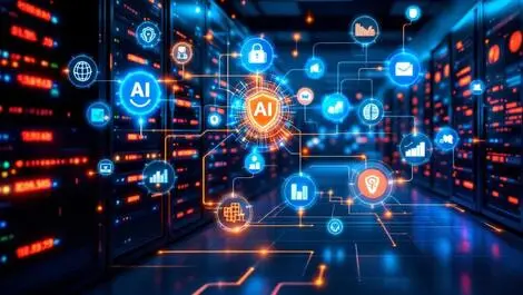 Secure server room glowing ai icons data charts enterprise management