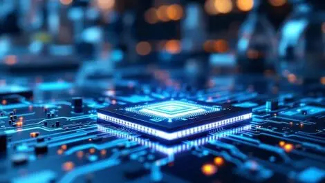 Detailed illustration sleek thin photonic chip intricate circuitry glowing