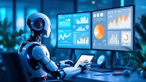 Robot assistant analyzing data charts ai agents business office