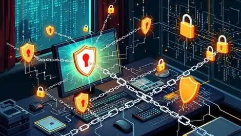 Illustration computer network disconnected security shields ransomware attacks digital chains locks office european