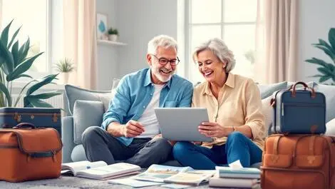 Older australian couples planning holiday using laptop tablet cozy home