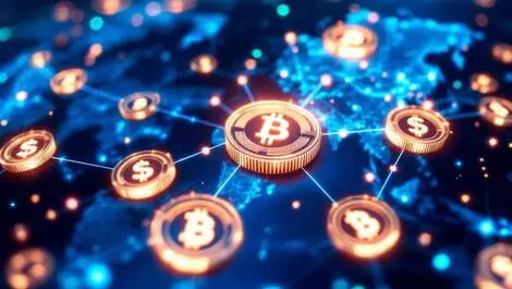 Digital currency glowing coins connected lines asia pacific map illustration