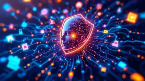 Digital illustration interconnected human robotic faces machine icons protecting identities hybrid it