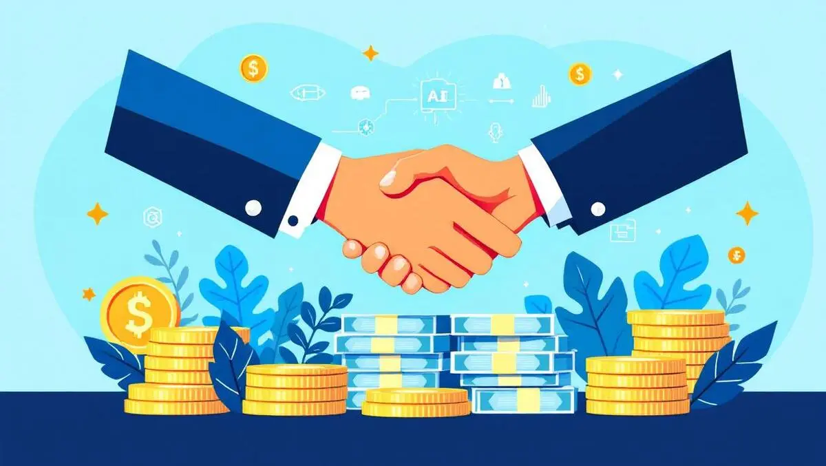 Businesspeople handshake over currency stack with ai icons tech acquisition