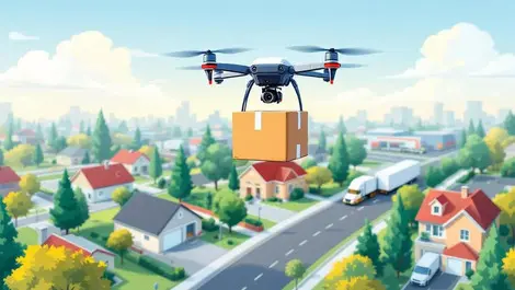 Small delivery drone hovering over american suburban houses with package
