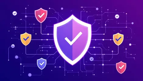 Stylized illustration digital security shields checkmarks software compliance