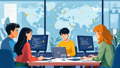 Students collaborating computers network global tech internships mentorship