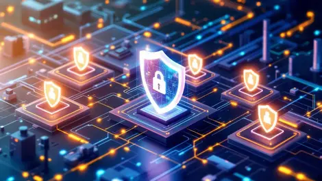 Secure industrial facility ai cyber defense glowing shields network connections