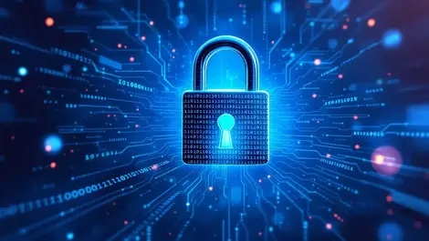 Digital lock breaking data breach ai system binary code shadowy figures