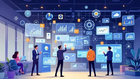 Digital illustration businesspeople ai software interfaces charts workflow