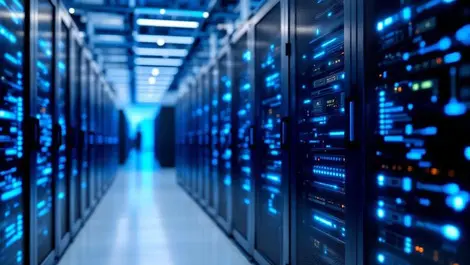 Modern computer servers blue lit hardware edge computing infrastructure