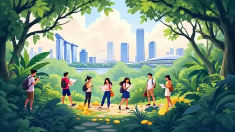 People searching in lush singapore city park with maps marina bay coins