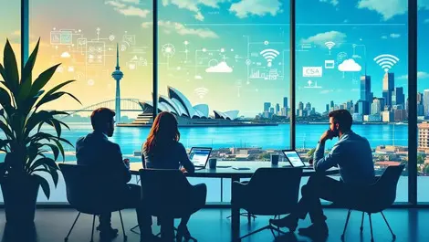 International technology experts discussion modern conference room sydney opera house background