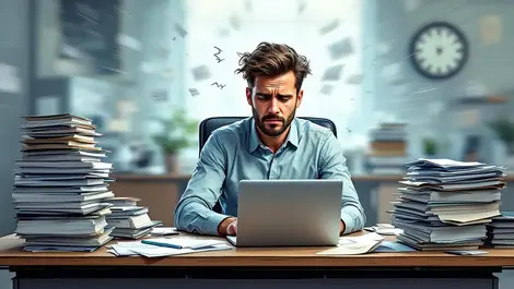 Tired office worker cluttered desk paperwork laptop fast changing background