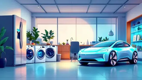Modern home appliances and futuristic electric vehicles showroom tech growth