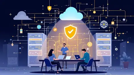 Secure digital data center servers data flow shield icons business collaboration