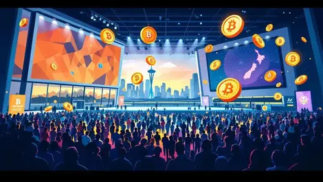 Modern auckland convention center crowd digital coins blockchain nz crypto