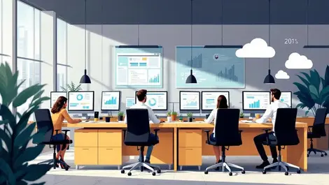 Modern office contact centre new zealand people collaborating service dashboards cloud technology