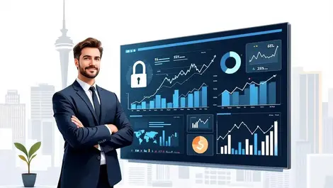 Confident executive business suit digital security dashboard financial growth north american skyline