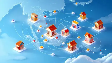 Interconnected bank buildings asia pacific map digital payments network