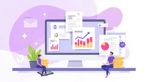 Modern office workspace digital finance dashboard invoices charts calculators coins