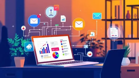 Office workspace ai integration laptop charts collaboration email automation