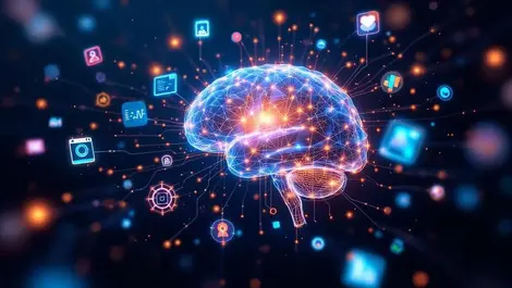 Realistic glowing neural network brain floating icons ai multimodal reasoning