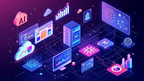 Interconnected servers computer screens data visualizations ai analytics enterprise cloud