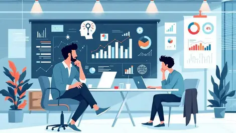 Marketers analyzing data charts ai icons modern singapore office strategy