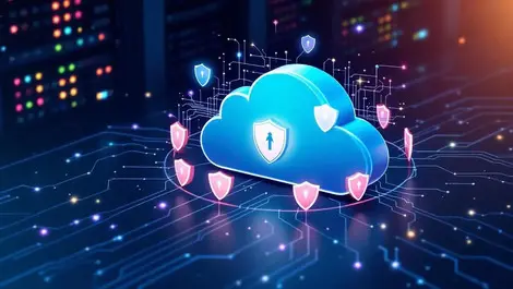 Digital cloud icon with shields secure server racks abstract network lines cybersecurity resilience