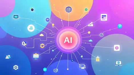 Interconnected data streams business software icons central ai symbol integration