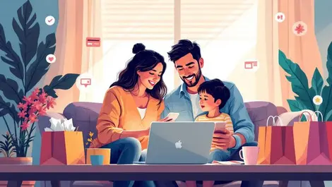 Australian family shopping online laptop mobile digital payment icons ai assistants