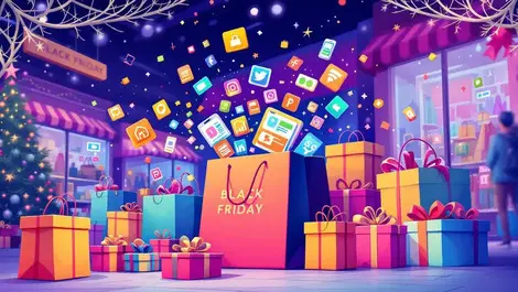 Colorful shopping bags gift boxes digital ads black friday cyber monday