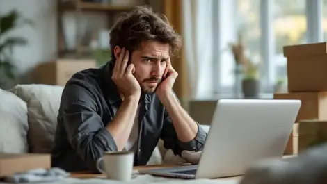 Frustrated shopper with online parcels uk home laptop shopping site