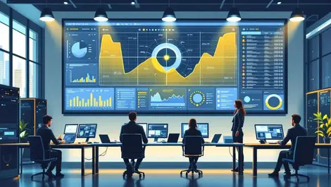 Modern us corporate it ops room wall monitors glowing grid team