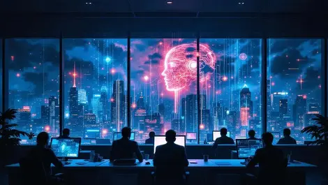 Cinematic night office ai faces data leaking to dark city clouds