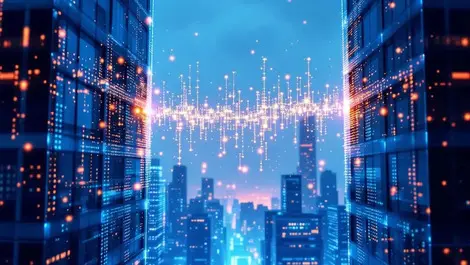 Glass office towers data stream partnership cloud ai finance skyline